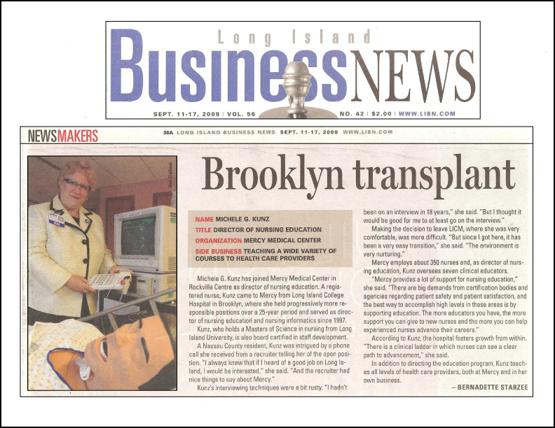 Long Island Business News, Nursing Educator Michele G. Kunz, Brooklyn Transplant